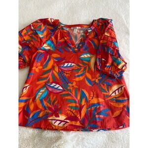 Spense Womens‎ Petite Medium Tropical Leaf Print Pleated Puff Sleeve Blouse Boho